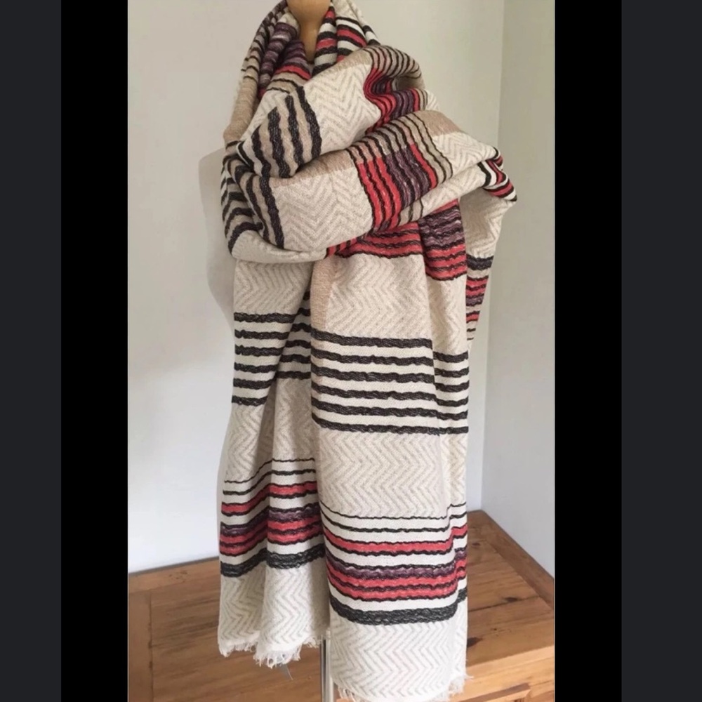 NWT ZARA ecru Striped Beige, black Red blanket Scarf